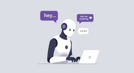A friendly robot is typing on a laptop while engaging in a conversation with speech bubbles on a light gray background