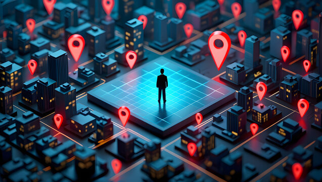 Digital human silhouette standing in a smart city grid with location markers for data tracking, urban planning, and global positioning technology applications