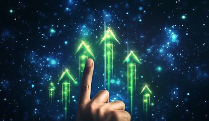 A hand pointing at an upward trending graph with bright green arrows, indicating an increase in stock market prices.