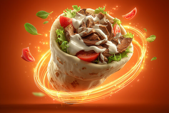 Laffa Bread Filled with Shawarma, Fresh Vegetables, and Yogurt Sauce on Orange Background