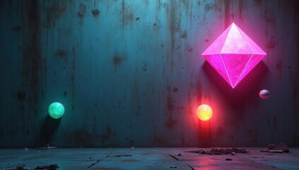 Neon glowing figures on concrete walls background. Abstract cyberpunk background. AI generative.