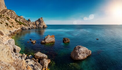 coastal scene with clear blue water gently lapping against rugged rocks rocky coast of black sea cape alchak sun casts warm glow highlighting textures of stones and tranquil sea sudak crimea