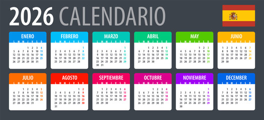 2026 Calendar - vector template graphic illustration - Spanish Version