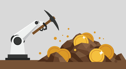 A robotic arm is mining a pile of gold coins with a pickaxe, symbolizing technological advancement in digital currency and investment