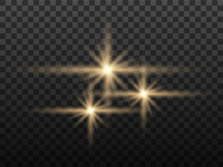 Light effect. Light yellow star, soft sunny sparkle, dust, line, solar flare, spark and stars, spotlight. Bright rays of light. Abstract golden lights. Vector illustration on transparent background