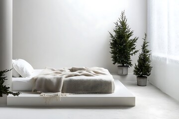 A minimalist winter bedroom showcasing white walls, a sleek platform bed with a woolen blanket, a few potted evergreens adding a touch of nature, and a frosted window letting in diffused daylight.