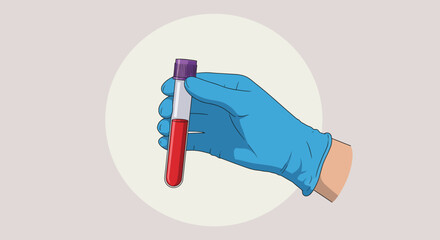 A gloved hand holds a test tube filled with a red liquid, possibly blood, for medical analysis and research