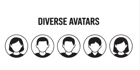 Illustration of five diverse avatars in circles with black outlines and white backgrounds displayed