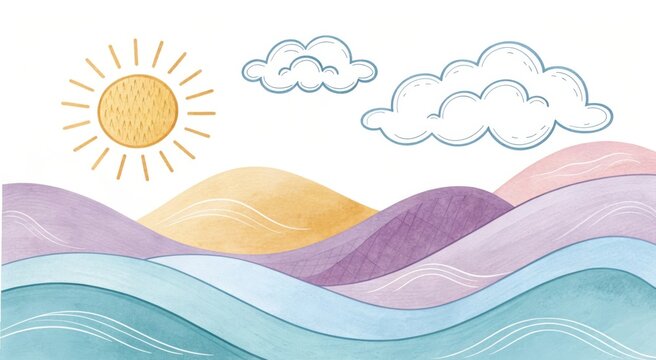 Whimsical landscape with sun clouds and rolling hills
