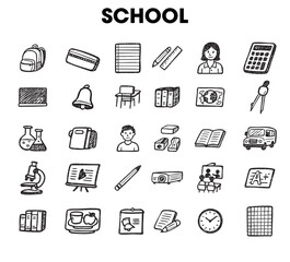 Hand-drawn school icons featuring students, teachers, books, and classroom tools