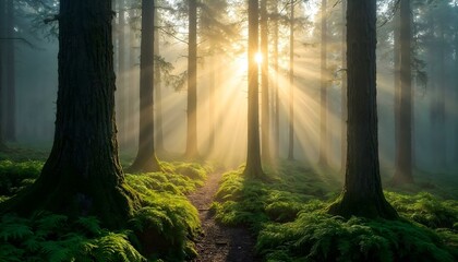 Obraz premium HD photography of a dense pine forest covered in early morning mist, golden sunlight streaming through tall trees, highlighting lush green moss and ferns on the forest floor. Dewdrops on leaves, soft 
