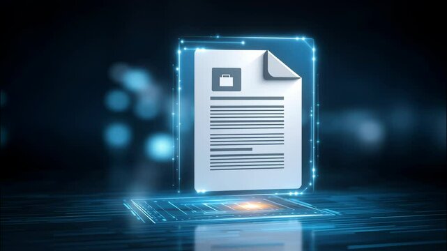 Digital document and briefcase icon floating hologram interface above futuristic circuit board, showcasing advanced business technology and secure