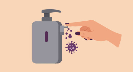 A hand is pressing a sanitizer pump to kill the virus, promoting hygiene and health