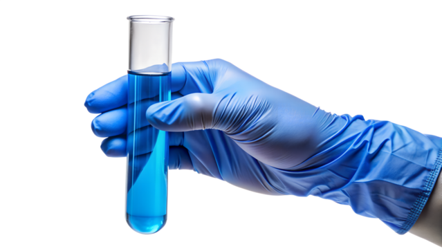 hand holding test tube with blue liquid - Powered by Adobe