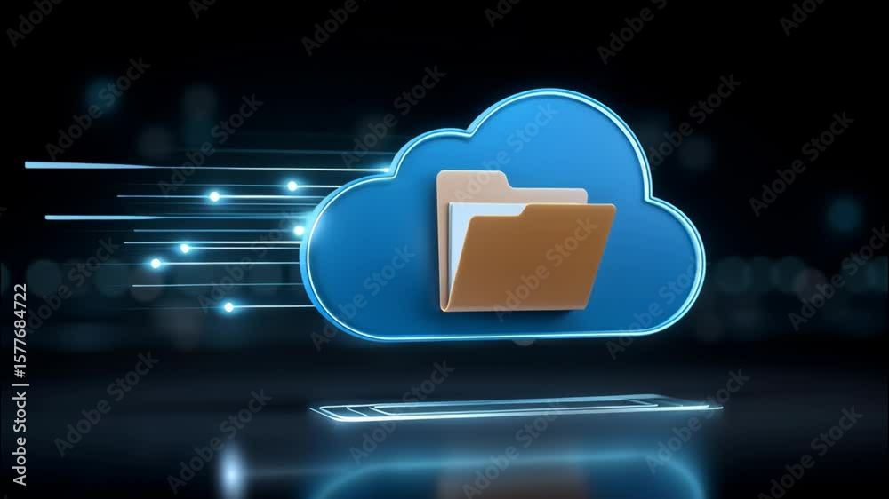 Poster blue cloud folder digital data transfer technology with glowing lines and secure storage for fast da