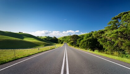 long empty road stretches into distance surrounded by lush green trees and rolling hills under clear blue sky serene landscape evokes sense of calm and adventure