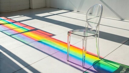 Transparent chair bathed in colorful rainbow light on a tiled floor