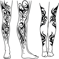 Black and White Tribal Tattoo Designs for Legs – Dynamic Abstract Art for Body Art, Traditional Polynesian Inspired Patterns, and Ethnic Motifs Perfect for Custom Ink and Skin Decoration Concepts.