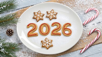 Gingerbread cookies form the year 2026 with festive christmas decorations