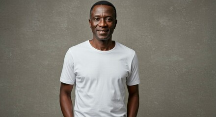 Man in white t-shirt, smiling, confident posture