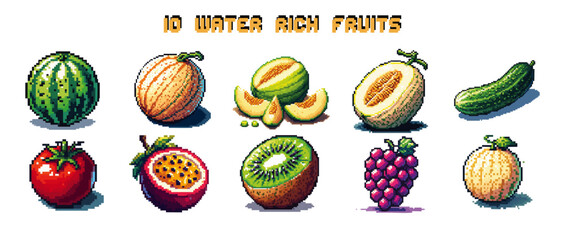 A colorful illustration showcases ten different water-rich fruits, each presented individually in pixel art style.