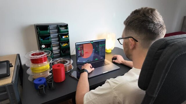 Young Caucasian male using 3D modeling software on a laptop, surrounded by colorful filament spools innovation and creativity in technology