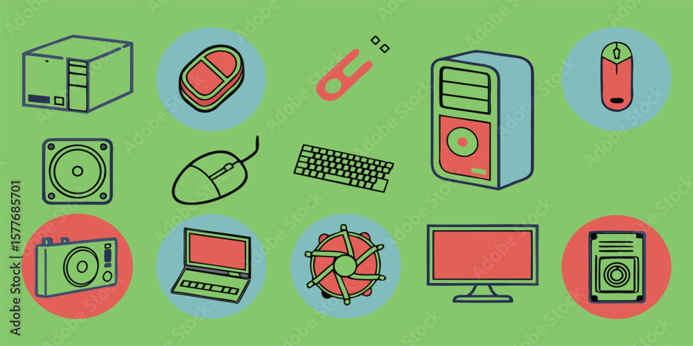 Fototapete Flat colorful minimalist icons of computer hardware components in modern style