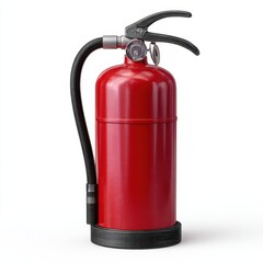 Red fire extinguisher with black hose and handle isolated on white background