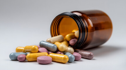 Assorted capsules and tablets spilling from a brown medicine bottle on a light grey background showcasing multicolored pharmaceutical products for health