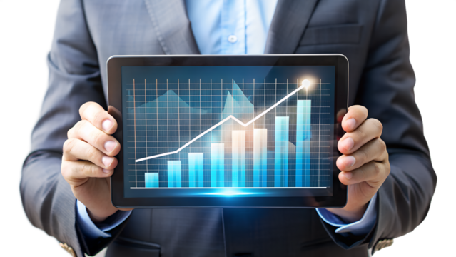 A businessman is holding a tablet showing a financial growth graph isolated on transparent background - Powered by Adobe