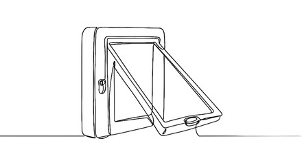Line art illustration of a secure dog door in open position  