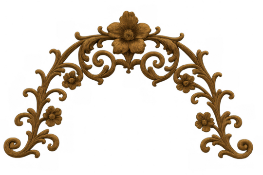Golden floral carved ornament arching over a transparent background, perfect for vintage or classic design projects