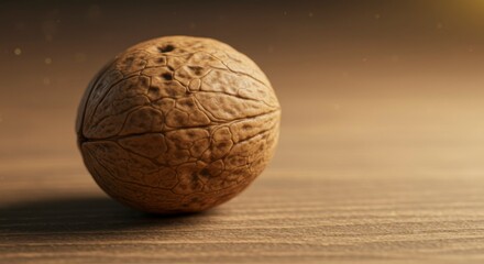 Single walnut shell, close-up on wooden surface