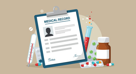 Naklejka premium A medical record on a clipboard is displayed with a thermometer, pills, and a weekly medication organizer, alongside blood and urine sample containers, representing healthcare and treatment