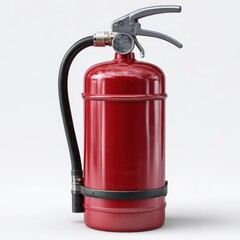 Obraz premium A bright red fire extinguisher with a silver handle and black hose isolated on white background