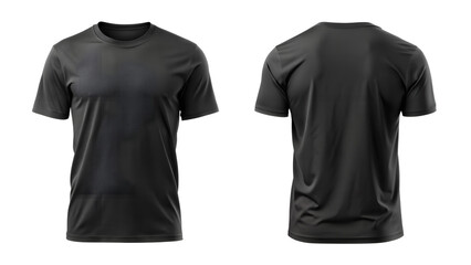 A black tshirt is displayed from the front and back, isolated on transparent background, for apparel design mockups