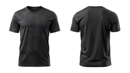 A black tshirt is displayed from the front and back, isolated on transparent background, for apparel design mockups