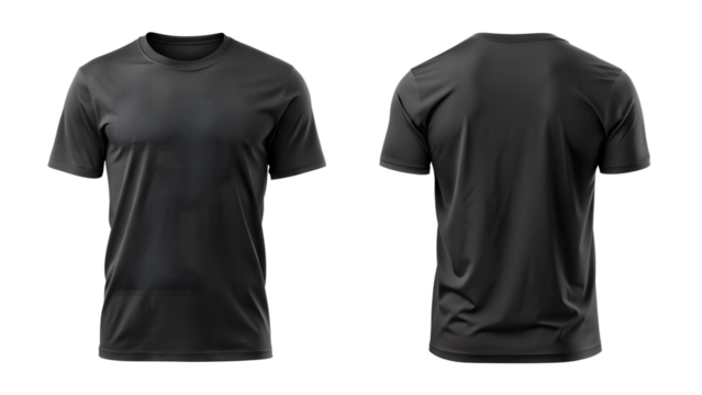 A black tshirt is displayed from the front and back, isolated on transparent background, for apparel design mockups