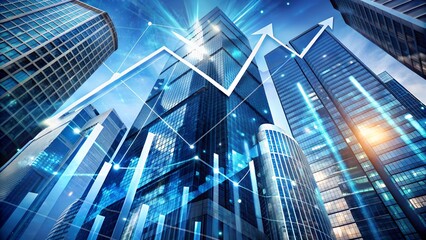 Financial growth concept with upward trending graph over modern city skyscrapers