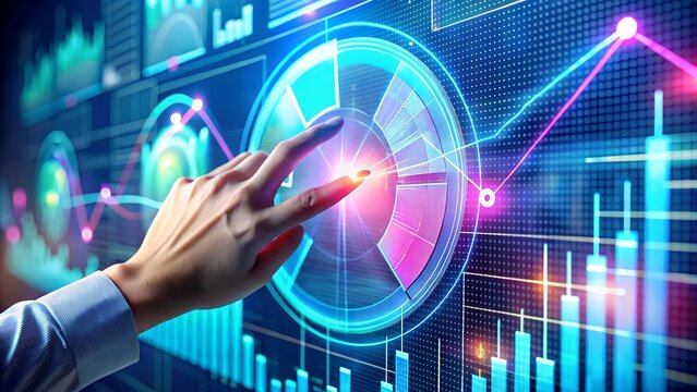 Hand interacting with holographic data interface showing financial analysis and charts - Powered by Adobe