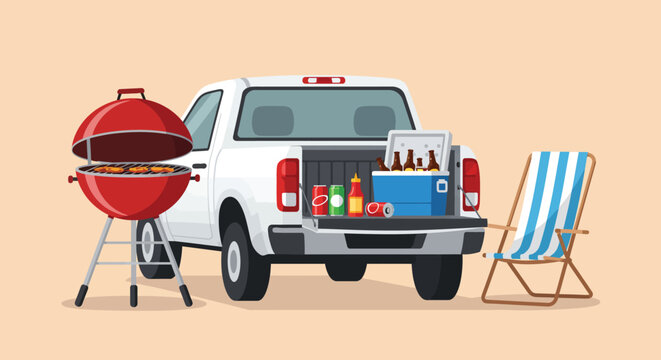 A white pickup truck is parked with a grill, cooler full of drinks, and a beach chair, suggesting a fun tailgate party or barbecue