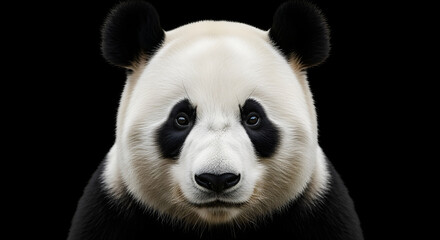 A gentle and endearing portrait of a giant panda against a simple black background. This iconic black and white bear symbolizes conservation, peace, and gentle strength.