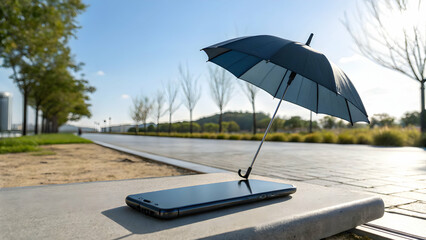 Novel smartphone protection featuring a small umbrella on a bench with a blue sky backdrop in the serene outdoors