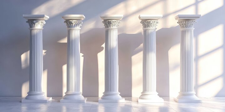 A collection of six classical white marble columns with fluted shafts.