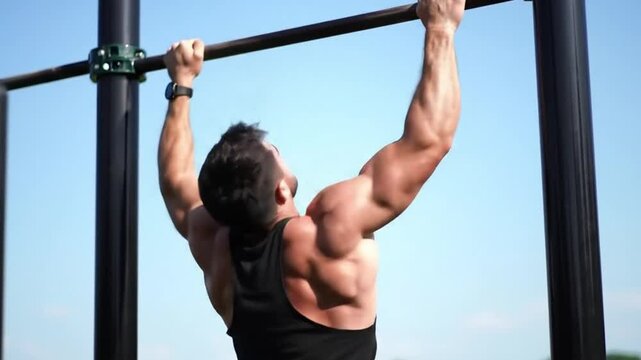 Muscular man performing pull-ups outdoors against a bright blue sky during a workout session