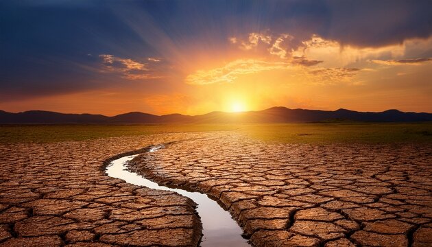 sunset reflection over cracked earth with river of light - Powered by Adobe