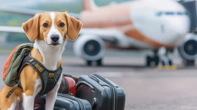 Dog Emigrate Concept, Dog with Backpack beside Luggage at Airport with Airplane in Background, Travel Companion for Adventures and Vacations