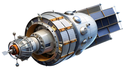 A detailed spacecraft model is isolated on transparent background, highlighting its solar panels and intricate design