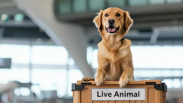 Dog Emigrate Concept, Happy Dog Sitting on Box Marked Live Animal in Airport Terminal with Modern Interiors and Bright Natural Light