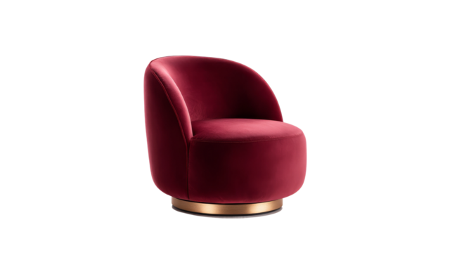 Upholstered armchair with rounded backrest stands on its circular golden metal base.